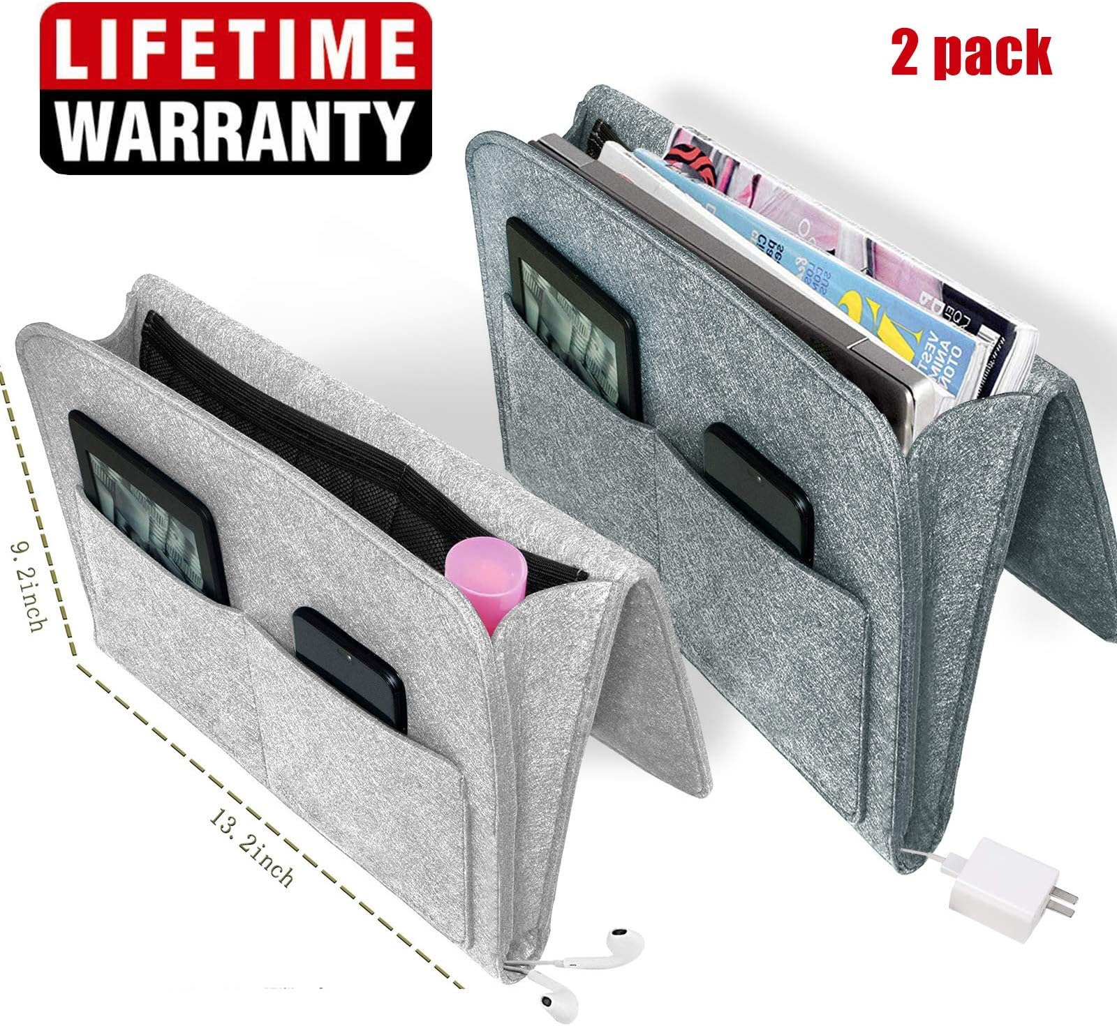 Bedside Caddy Felt Storage Organizer, Under Couch Table Mattress Caddy for Holding Books Magazines Tablet Phone - Five Pockets and Side Charging Cable Hole, Large Size 9.2" x 13.2" inch Laptop Holder
