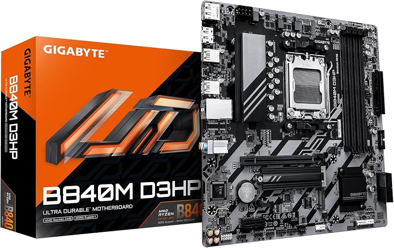 GIGABYTE B840M D3HP Placa Base – CPUs AMD Ryzen 9000, VRM de 8+2+2 Fases, hasta 8200 MHz DDR5 (O.C.), 2× M.2 PCIe 4.0, LAN 1 GbE, USB 3.2 Gen 2