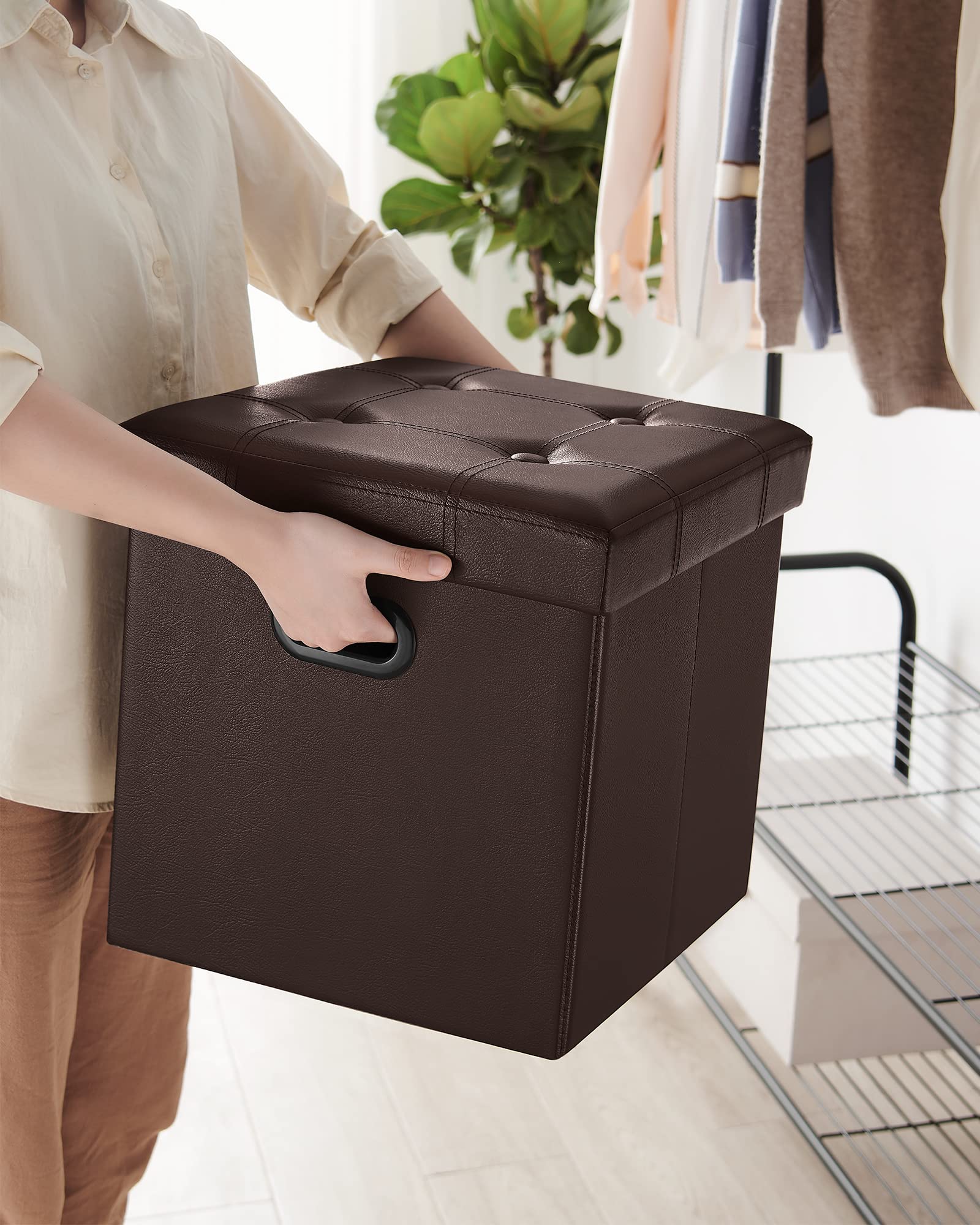 SONGMICS 15 Inches Ottoman with Storage, Footstool, Storage Ottoman with Metal Grommet Handles, Synthetic Leather, 660 lb Load Capacity, for Dorm Room, Living Room, Bedroom, Brown ULSF30Z