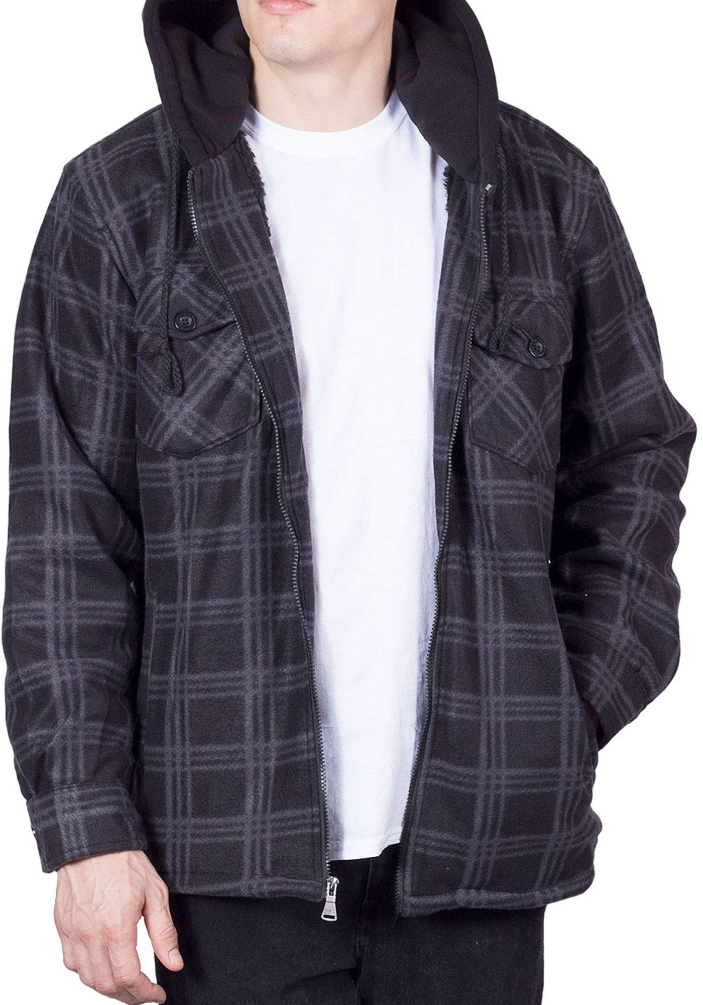 M-2XL Mens Flannel Zip Up Fleece Sherpa Hoodie Lined Shirt Jacket washhounds.com