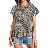 SOLY HUX Women's Boho Print Blouse V Neck Short Sleeve Tie Front Elegant Summer Tops