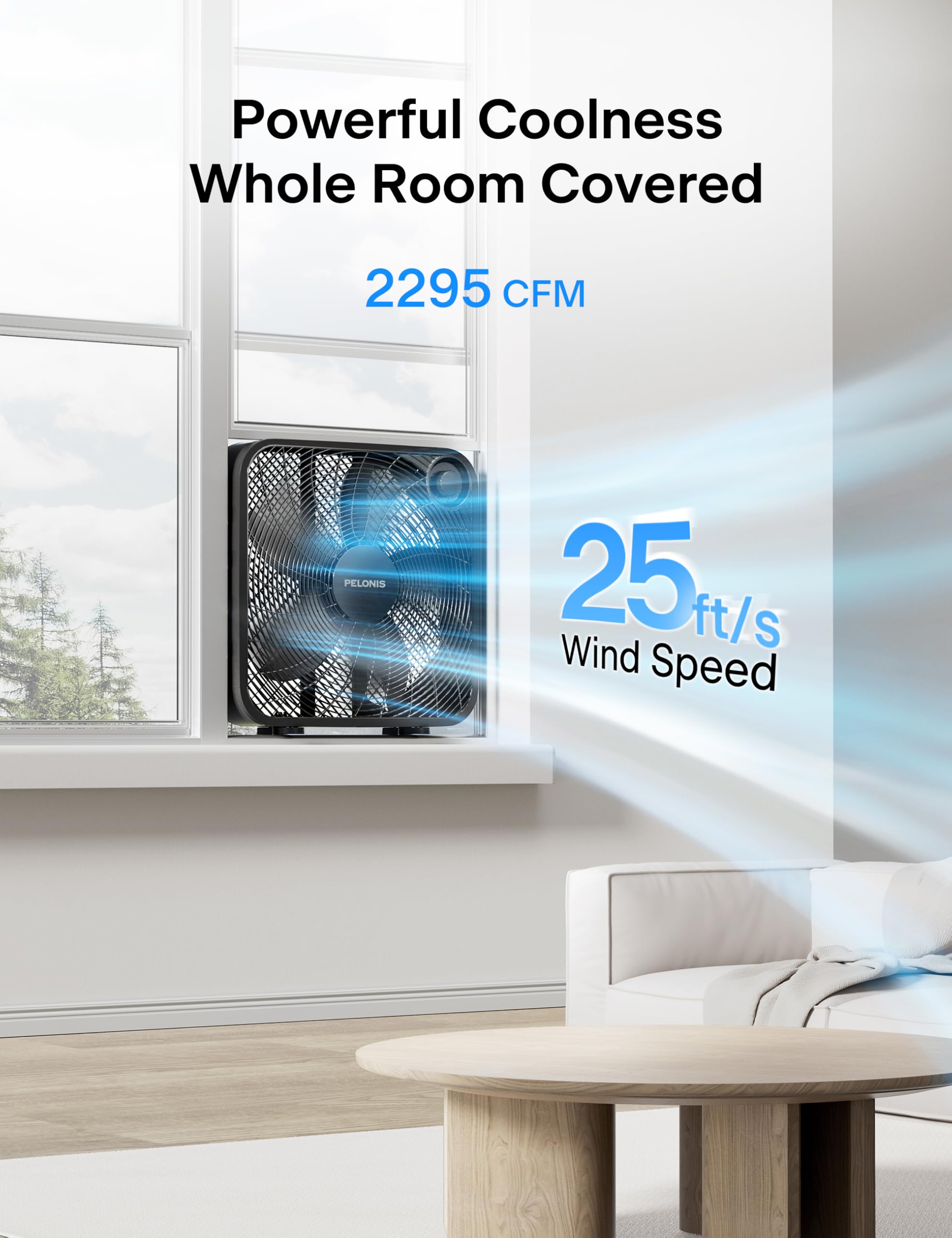 PELONIS 20 Inch Box Fan – 3 Speeds, Window Fans, Floor or Tabletop, 25ft/s, 2025 Upgraded, Superior Air Throw (2295 CFM), Lightweight, 5 Blades, Fans for Bedroom, Office, Living Room, Garage
