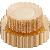 LIYH 60 Pcs Gold Glitter Plastic Scalloped Plates - Disposable Heavyduty Combo Plastic Plates Dishes Included 30 Dinner Plate 30 Dessert Plate for Weddings Party Birthday
