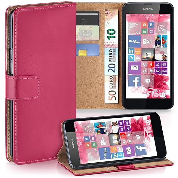 moex Nokia Lumia 630 | Hülle Pink mit Karten-Fach 360° Book Klapp-Hülle Handytasche Kunst-Leder Handyhülle für Nokia Lumia 63