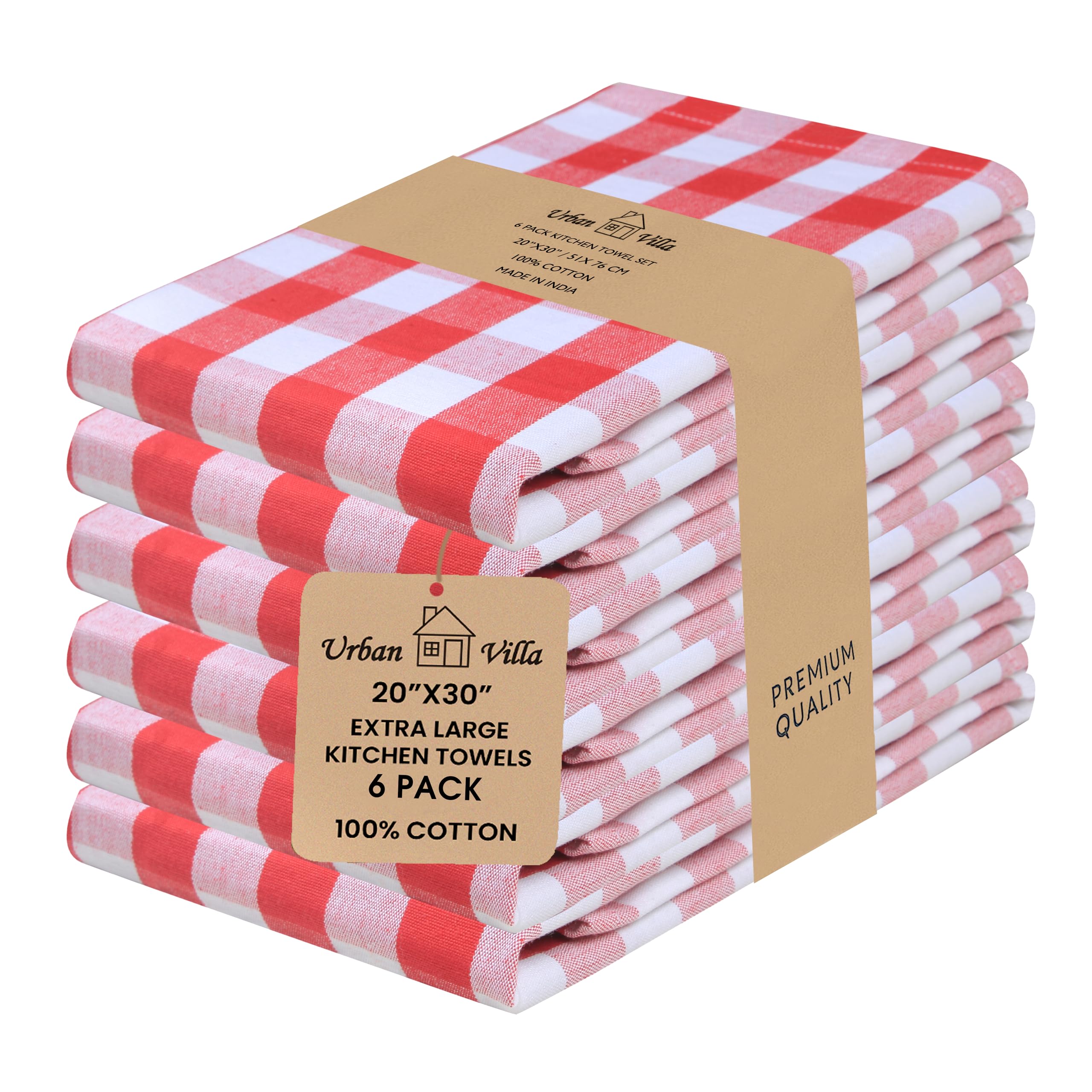 Urban Villa Kitchen Towels, Premium Quality, 100% Cotton Dish Towels,Mitered Corners,Ultra Soft (Size: 51 X 76 CMS), Red/White Highly Absorbent Bar Towels & Tea Towels - (Set of 6)