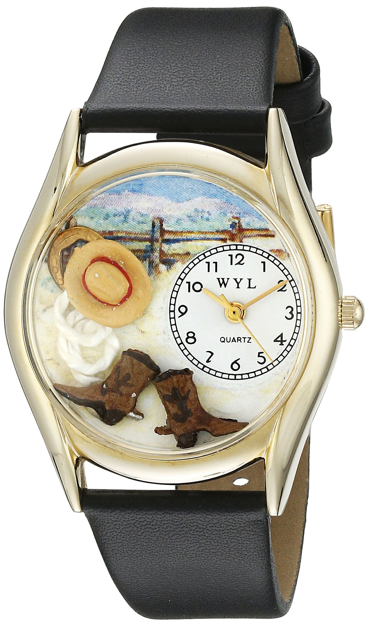 Whimsical Watches Ranch Black Leather and Goldtone Unisex Quartz Watch with White Dial Analogue Display and Multicolour Leather Strap C-0110005