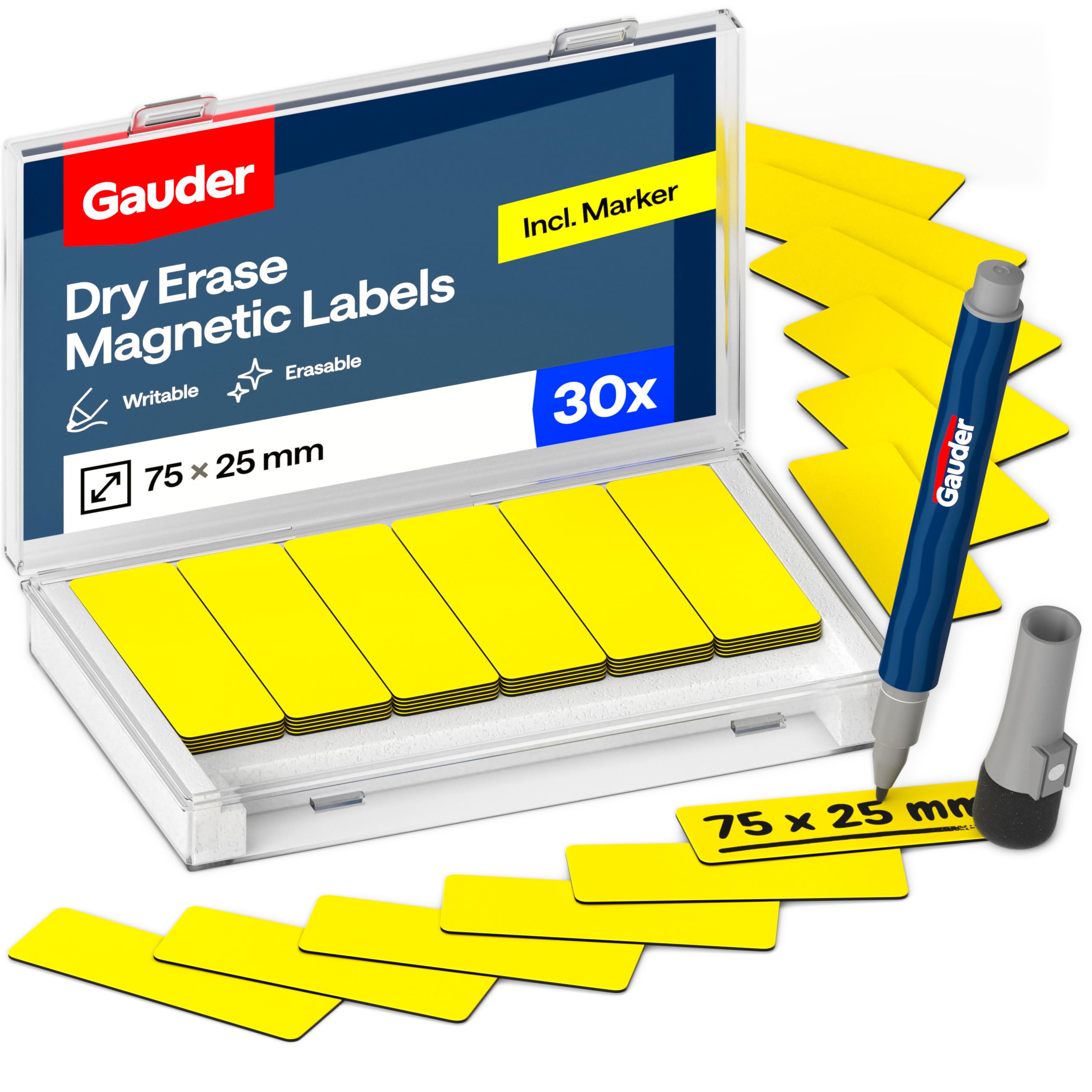 GAUDER Magnetic Labels Writable - Reusable Magnetic Tags for Whiteboard, Blackboard, Kanban Board and Fridge - Magnet Cards with Marker (30 Pieces - 75 x 25 mm)