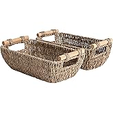 StorageWorks Small Baskets for Shelf, Seagrass Woven Basket with Wooden Handles for Gifts, 2-Pack
