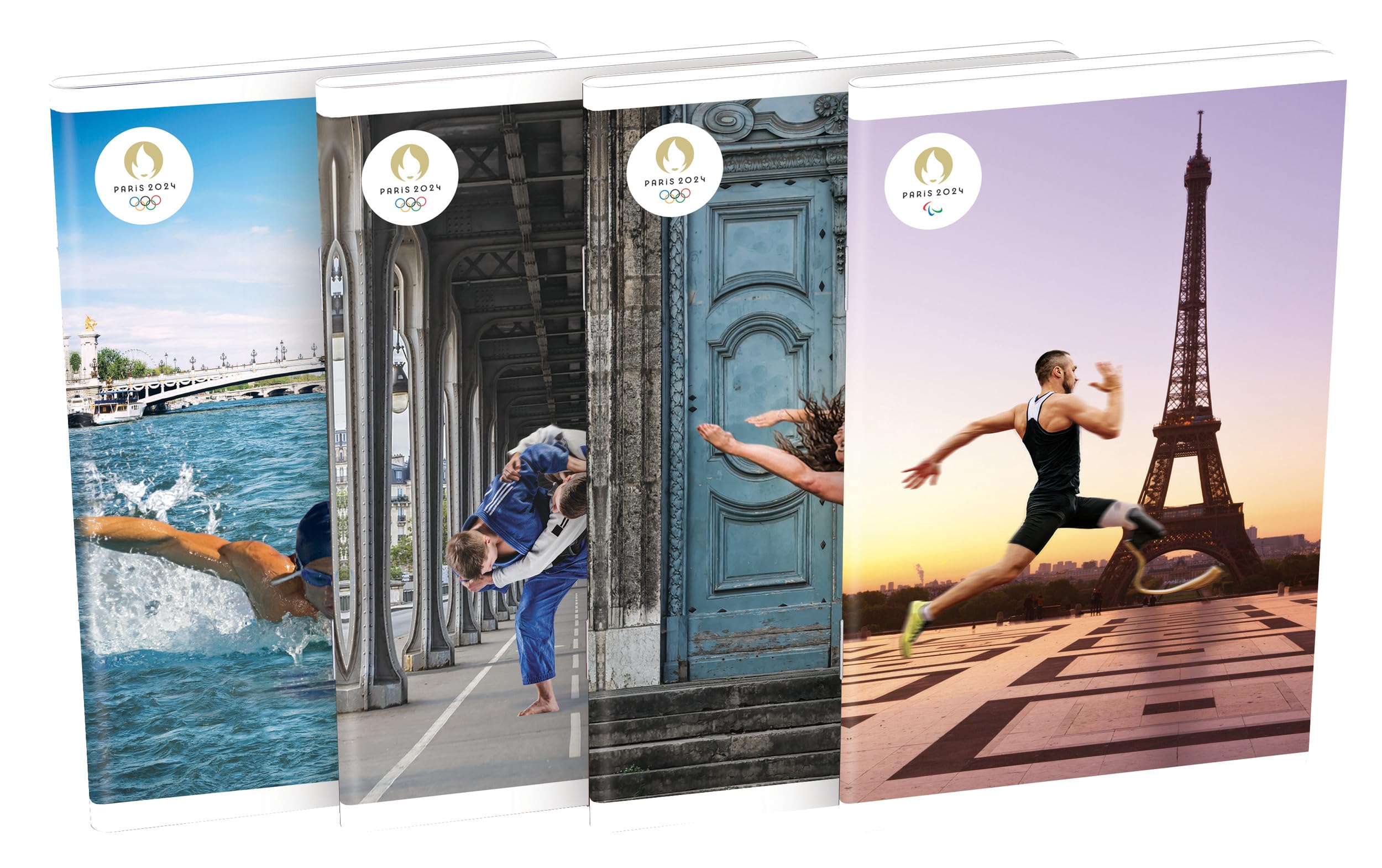 Paris 2024 Pack of 10 Sports Notebooks 9 x 14 cm Ruled 6 mm 60 Pages Stapled Card Cover Varnished Assorted Colours