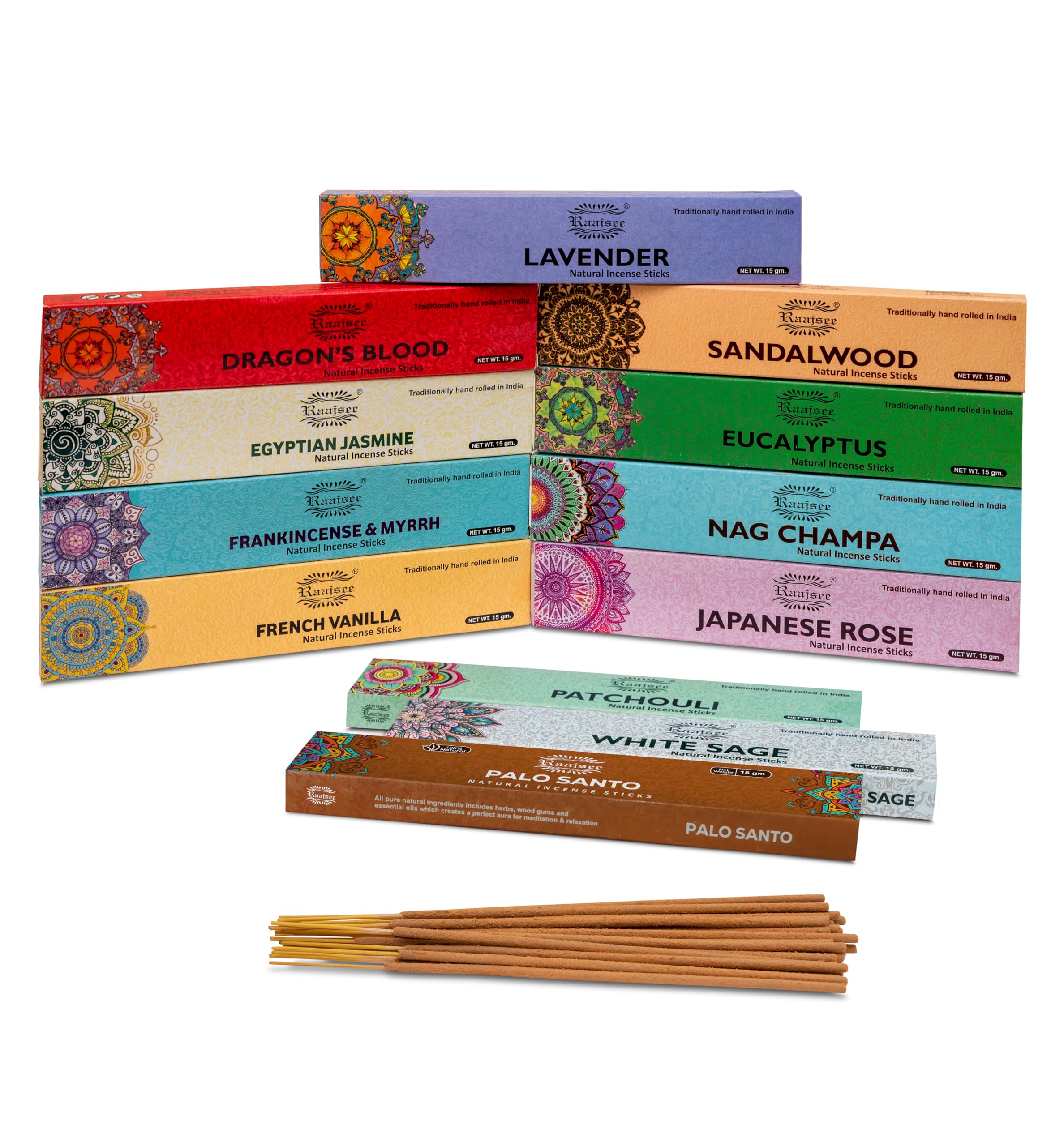 Raajsee Natural Incense Sticks Assorted 12 Pack Set 15gm Each, 100% Organic Multipack insensé sticks Non Toxic Hand Rolled- Perfect for Church Aromatherapy, scented Joss Stick — image 1
