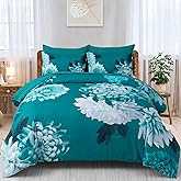 DJY Teal Queen Comforter Set, 7 Piece Floral Comforter Set with Sheets Bed in a Bag Queen Size Elegant Flower Print Soft Microfiber Complete Bedding Set for All Season