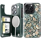 uCOLOR for iPhone 16 Pro 6.3" Wallet Case Magsafe with Card Holder Slot【Compatible with MagSafe】 Folio Flip PU Leather Double Magnetic RFID Design with Camera Lens Protector (Blue Tree Birds)