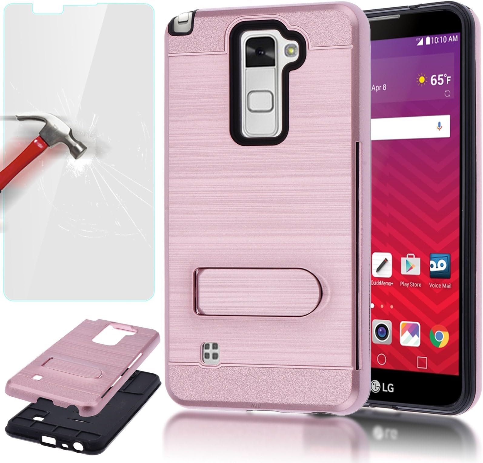 LG Stylus 2 Case, LG G Stylo 2 LS775 Case, AUU [Shockproof] Hybrid Dual Layer Silicone Bumper with Brushed Metal Protective Kickstand Holster Case Cover + Tempered Glass Screen Protector Rose Gold