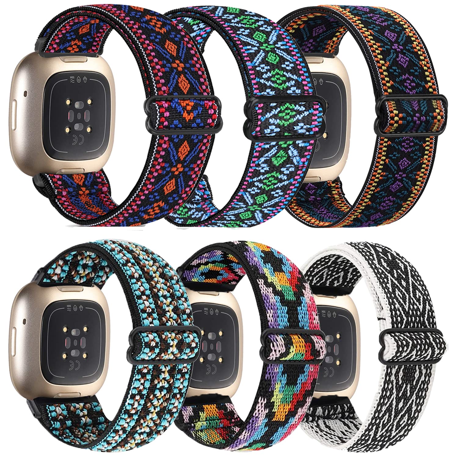 HUYIIO 6-Packs Elastic Nylon Straps Compatible with Fitbit Versa 3 / Sense, Adjustable Nylon Replacement Bands for Fitbit Versa Smart Watch for Women and Men — image 1