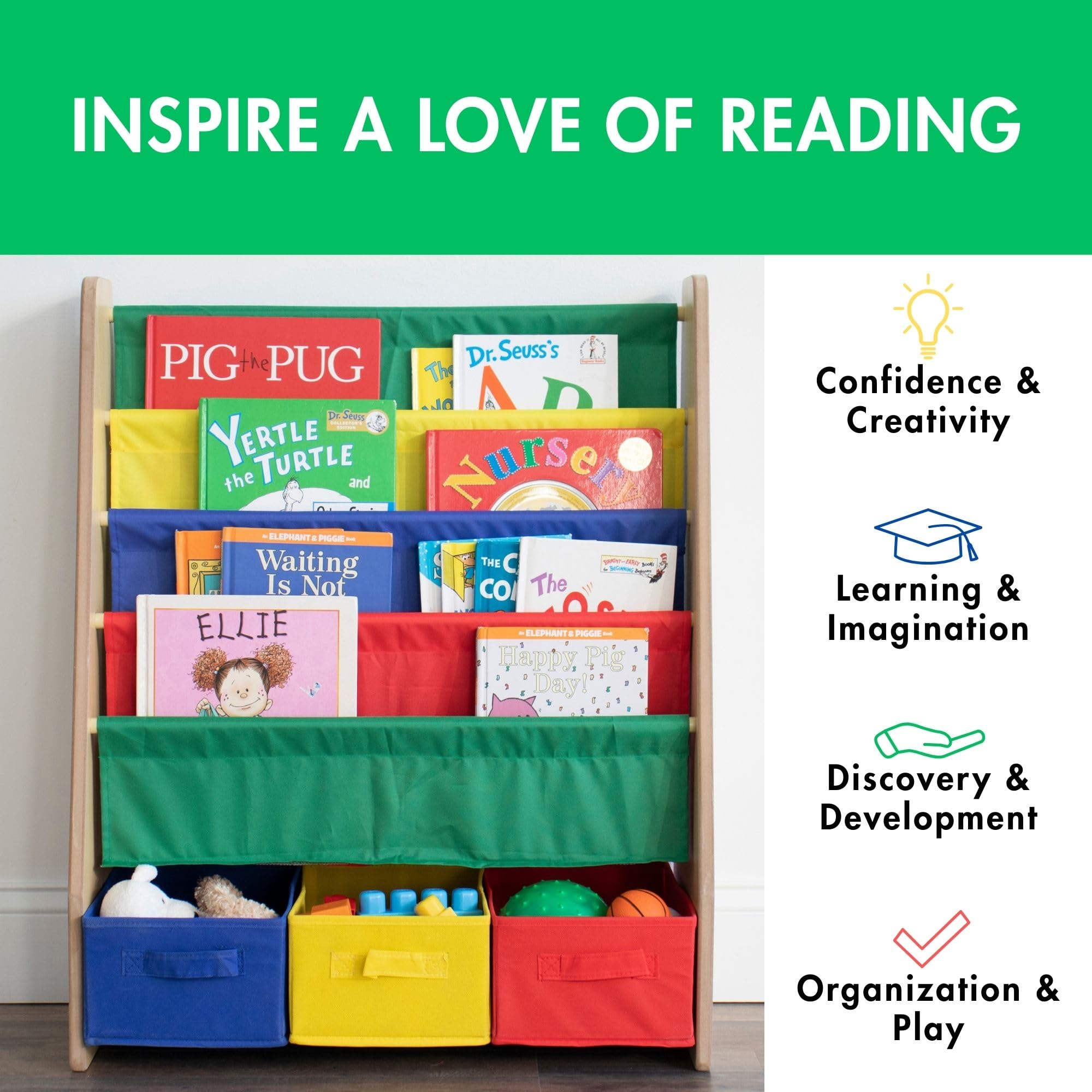 Humble Crew 4-Tier Kids Bookshelf and 3 Bins Toy Storage, Natural and Primary - Book Shelf for Kids Rooms with Four Deep Pockets - Toddler Sling Book Rack with Deep Sleeves, Nursery Bookcase Organizer