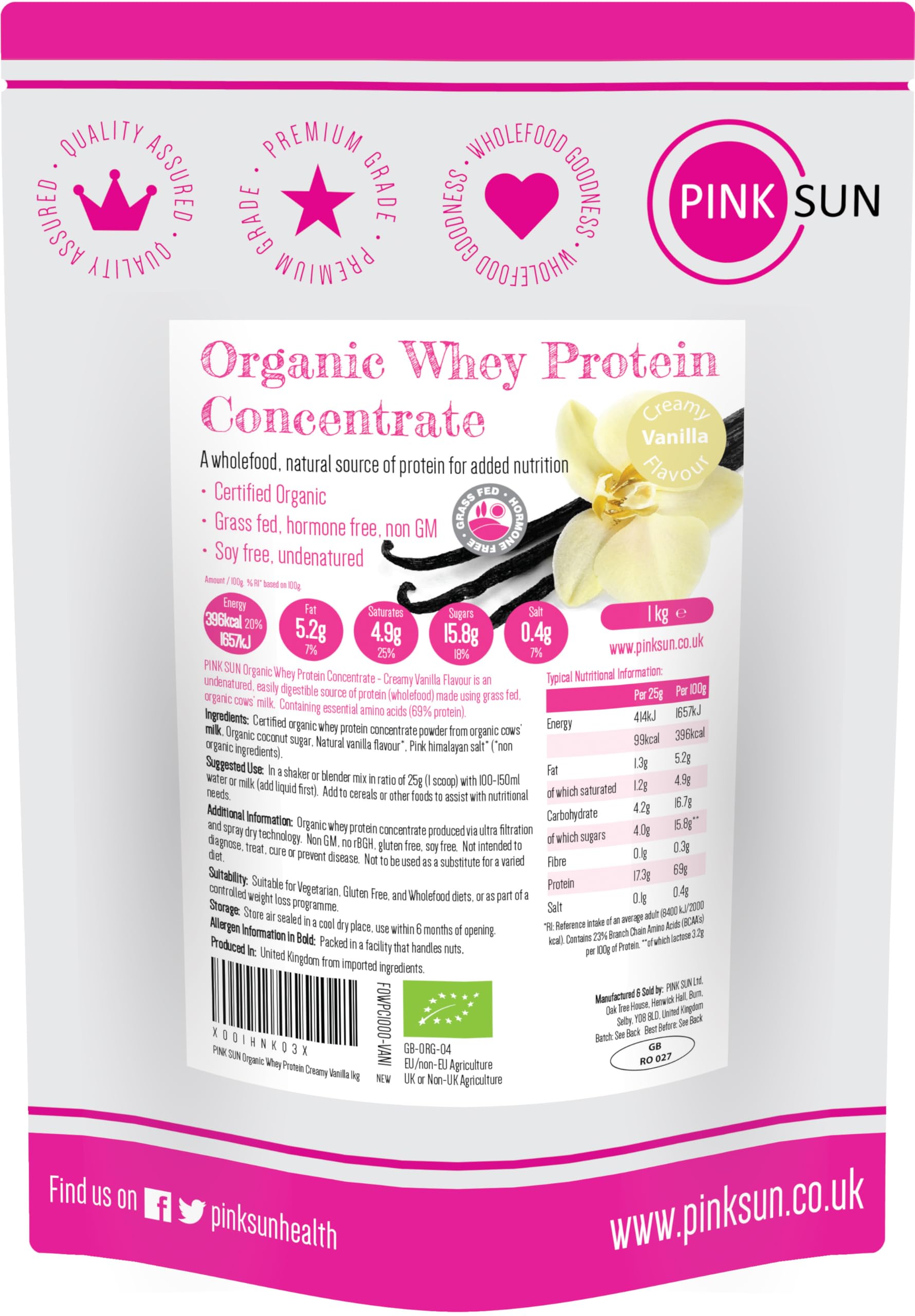 PINK SUN Organic Whey Protein Powder Vanilla Flavour 1kg Concentrate Shake Soy Free Grass Fed Gluten Free Vegetarian Undenatured Non GM Certified Bio UK
