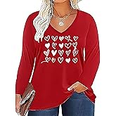 Plus Size Women Valentine Shirts Love Heart Graphic Long Sleeve Tshirt Casual Valentines Day Gift V Neck Tops