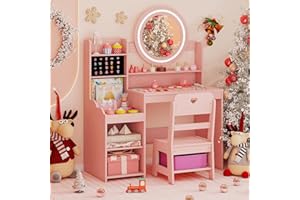 Costzon Kids Vanity, Girls Vanity Set with Mirror and Lights, Jewelry Storage, Shelves, Princess Toddler Makeup Vanity Desk Dressing Table, Wooden Kids Vanity Table and Chair Set (Pink)