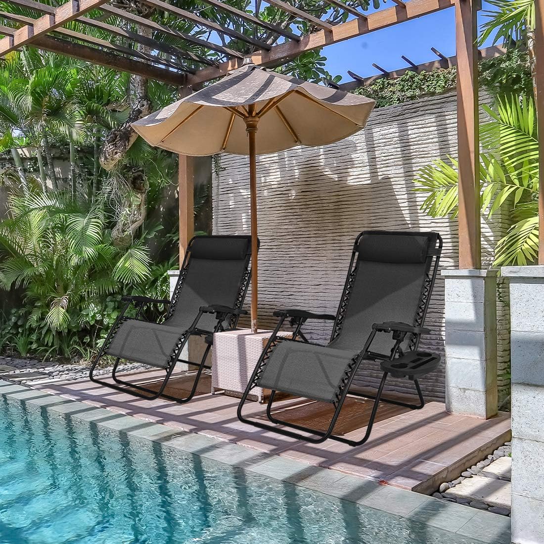 Patio Watcher Oversized Zero Gravity Chair Folding Recliner Chair with Cup Holder Accessory Tray and Removable Pillow for Outdoor Yard Porch Black 1 Chair : Garden & Outdoor