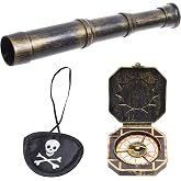 Cosplay Telescope and Compass Prop with Pirate Themed Eye Patch - Antique Retro Party Supply Accessory Decor - Vintage Treasure Spyglass Sundial Ship Captain Eye Patch for Themed Events Stage Plays