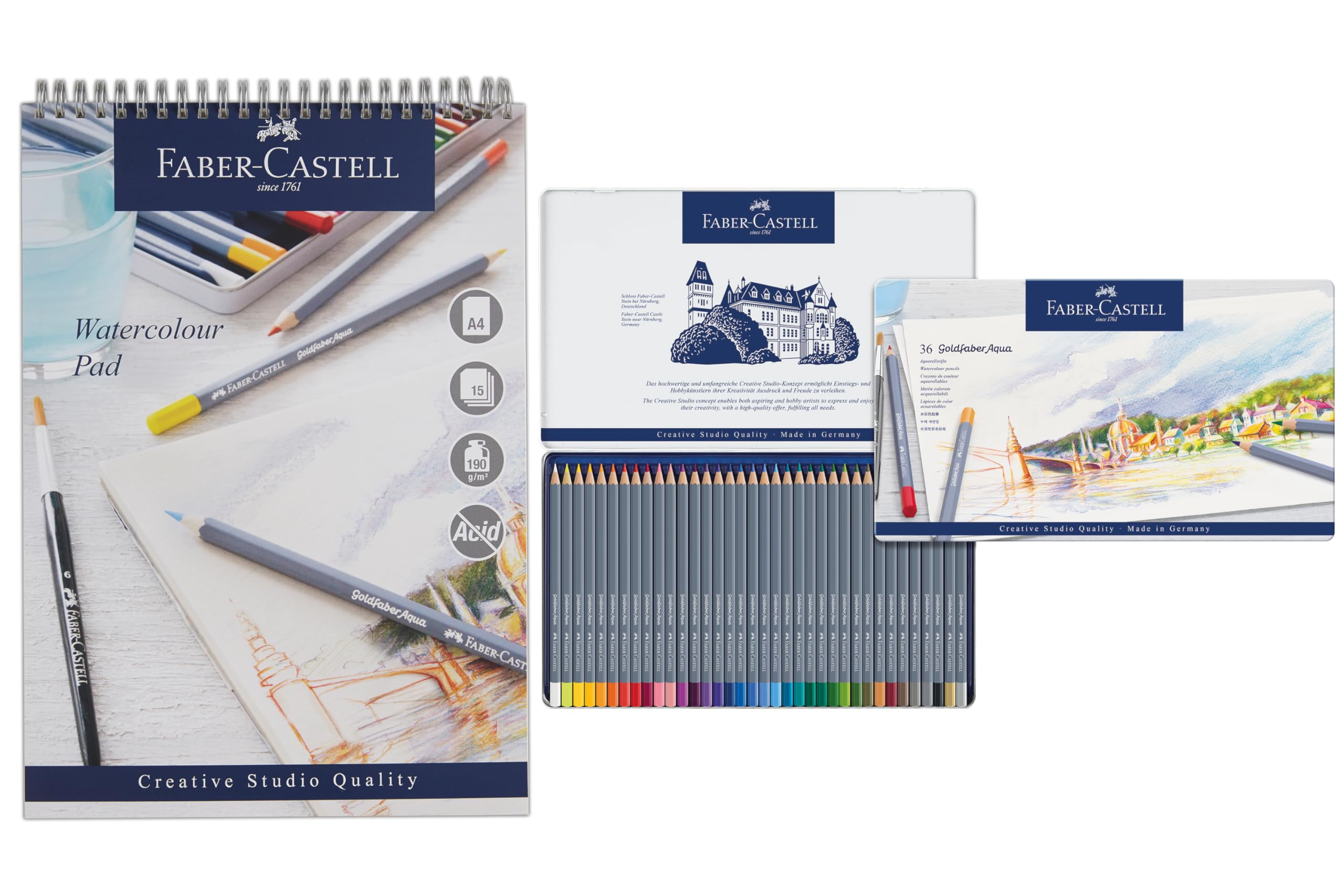 Faber-Castell Goldfaber Aqua, Watercolour Pencils, Tin of 36 & Watercolour Pad, A4, Spiral Bound Paper, 190gsm, 15 Sheets, Art, Sketching, Drawing, Artist Supplies