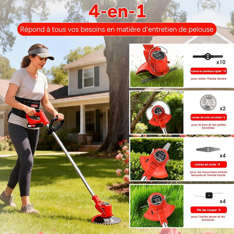 Debroussailleuse Electrique sans Fil, Débroussailleuse à Gazon sans balais avec 2 Batteries et 4 Lames avec poignée réglable, Débroussailleuse à Gazon Portable d'extérieur pour Couper l'herbe