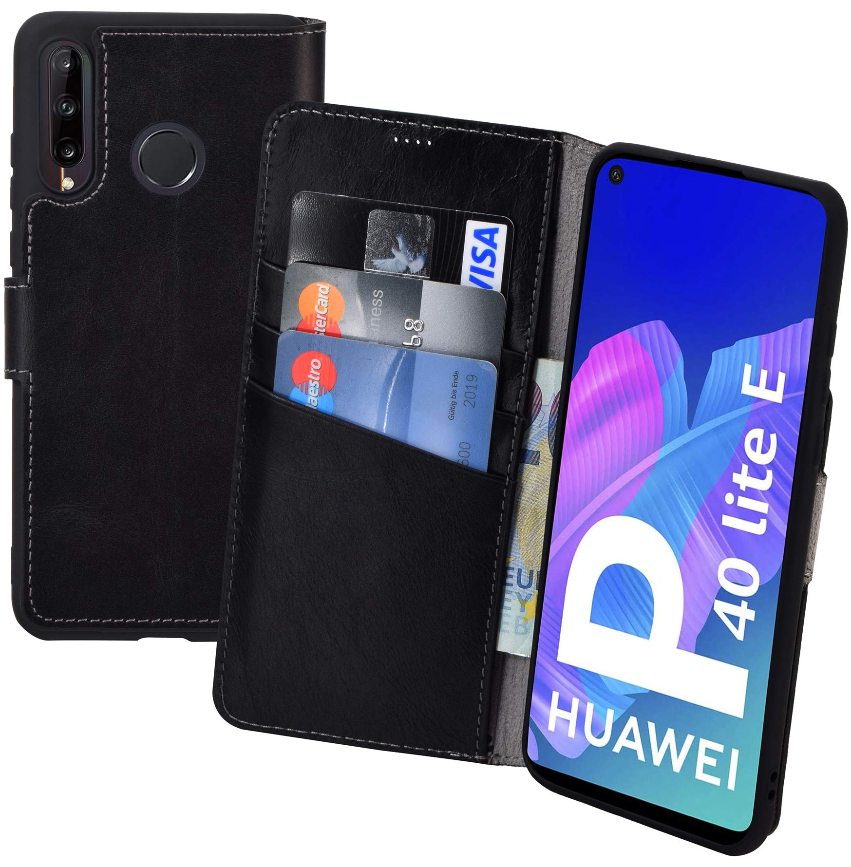 Suncase Book-Style Case Compatible with Huawei P40 Lite E Leather Case (Slim Fit) Mobile Phone Case Protective Case with 3 Card Slots in Black