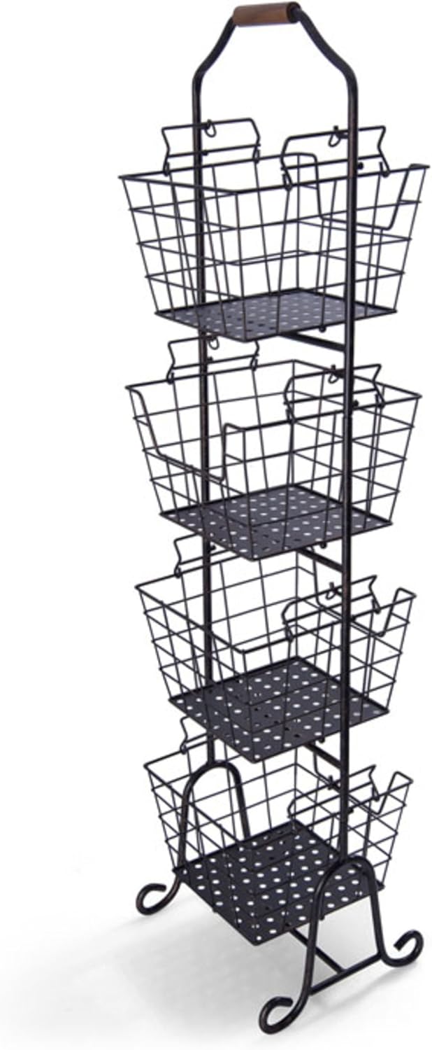 Gourmet Basics by Mikasa Ferme 4-Tier Metal Floor Standing Fruit/Home Storage Market Basket, Large, Antique Black: Kitchen & Dining