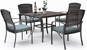 Pamapic 5 Piece Patio Dining Set, Outdoor Dining Table Set, Patio Wicker Furniture Set with Square Plastic-Wood Table Top and Washable Cushions for Patio Garden Poolside(Green)