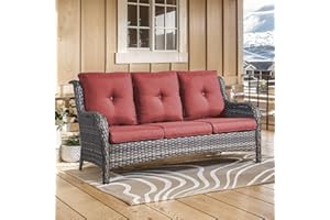 Belord Outdoor Couch Wicker Patio Sofa - 75Inch Rattan Sofa with Hight Backrest Wide Armrest, All Weather Outdoor 3 Seater Seating Wicker Couch for Balcony Proch Deck Backyard Grey/Red