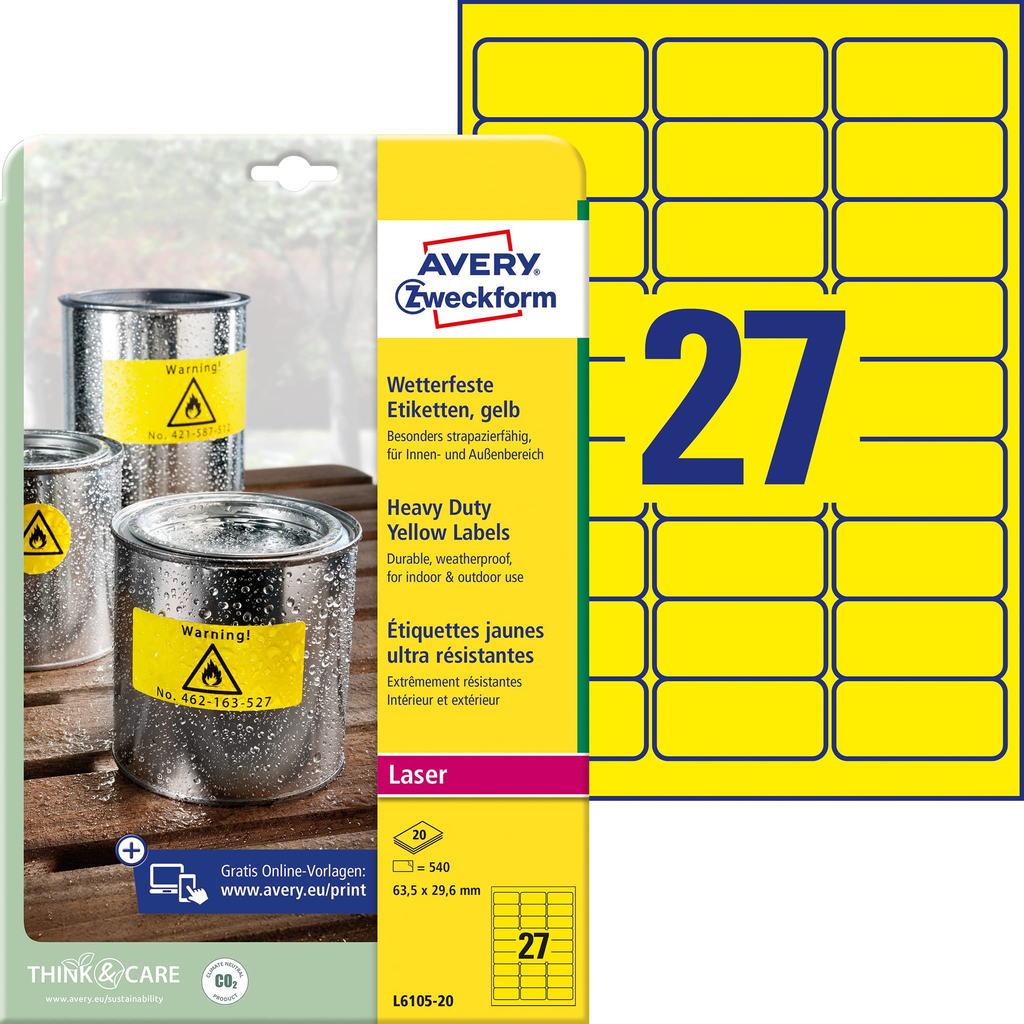 Avery Zweckform L6105-20 Heavy-Duty Weatherproof Labels for Shelves 63.5 x 29.6 mm 20 Sheets
