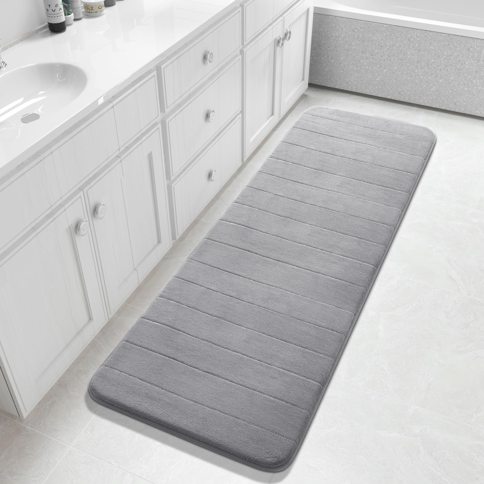 Photo 1 of (BAGGED) (USED/FAIR) Yimobra Bathroom Runner 60"x24", Non Slip Memory Foam Bath Mat, Super Soft Water Absorbent Hallway Carpet, Machine Washable Rug for Vanity Tub Shower, Gray