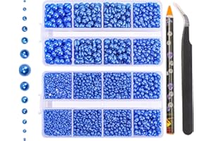 QPRETTY DU 6540PCS Royal Blue Resin Flat Back Pearls Rhinestones,Mixed Size 2/3/4/5/6/8/10mm Half Round Pearl Beads Nail Gems Rhinestone with Tweezers and Picker Pencil for Crafts Nail DIY Decoration
