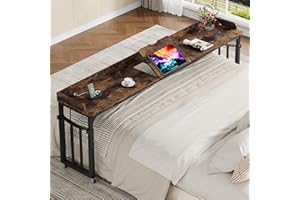 Condemo Overbed Table with Wheels and Height Adjustable, 87 inch King Size Bed Table with Adjustable Tilt Board, Mobile Laptop Cart Computer Desk with Outlets & USB Ports, Dark Brown