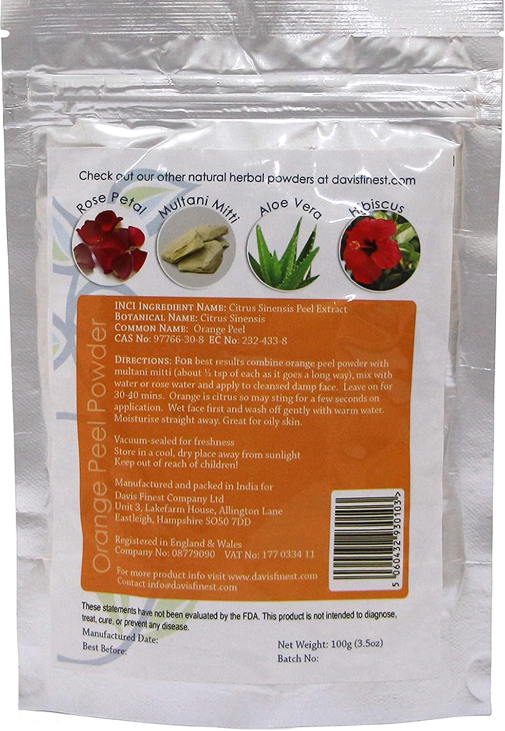 Davis Finest Organic Orange Peel Powder 100g, Chemical-free, Natural Vitamin C Facials, Face Mask, Exfoliating, Antiageing - Image 5