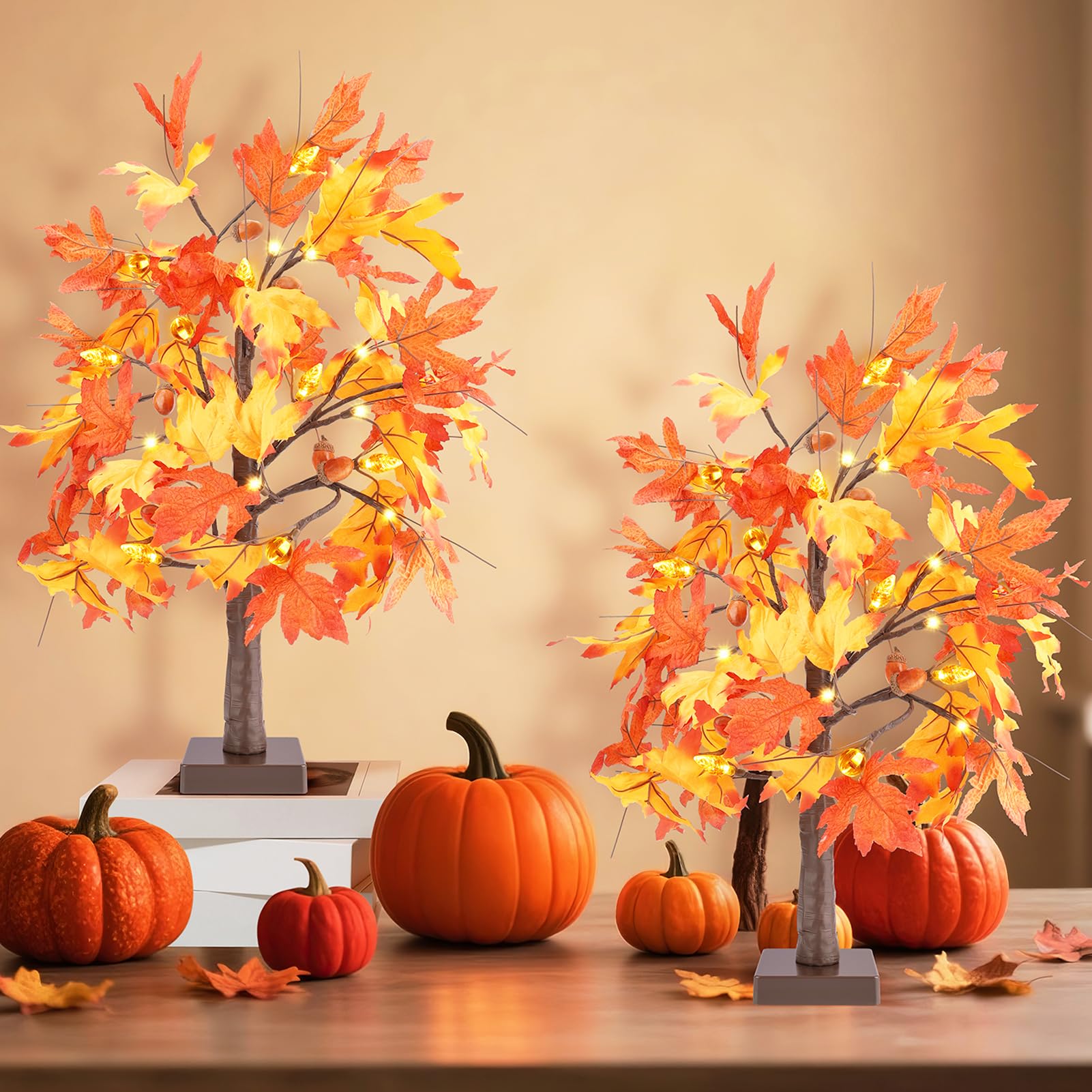Photo 1 of 2 Pack 24" Lighted Artificial Maple Trees with 24 LED Lights, Battery Operated Fall Decor Tree, Perfect for Thanksgiving, Autumn Harvest, Weddings & Indoor Table Centerpieces