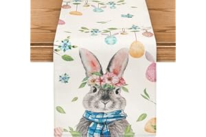 NATEBUR Linen Happy Easter Egg Rabbit Table Runner, Flower Bunny Ears Gnomes Table Decorations for Indoor Outdoor Home Party, Spring Summer Seasonal Buffalo Plaid Kitchen Dining Holiday Decor 13 x 72 Inch