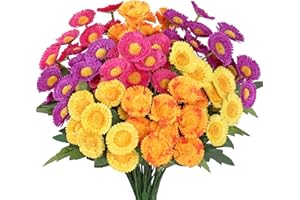 Weldomcor Artificial Mums Flowers for Outdoor, 8 Bundles Fake Silk Daisy Bouquet Faux Floral Plants UV Resistant Spring Decor