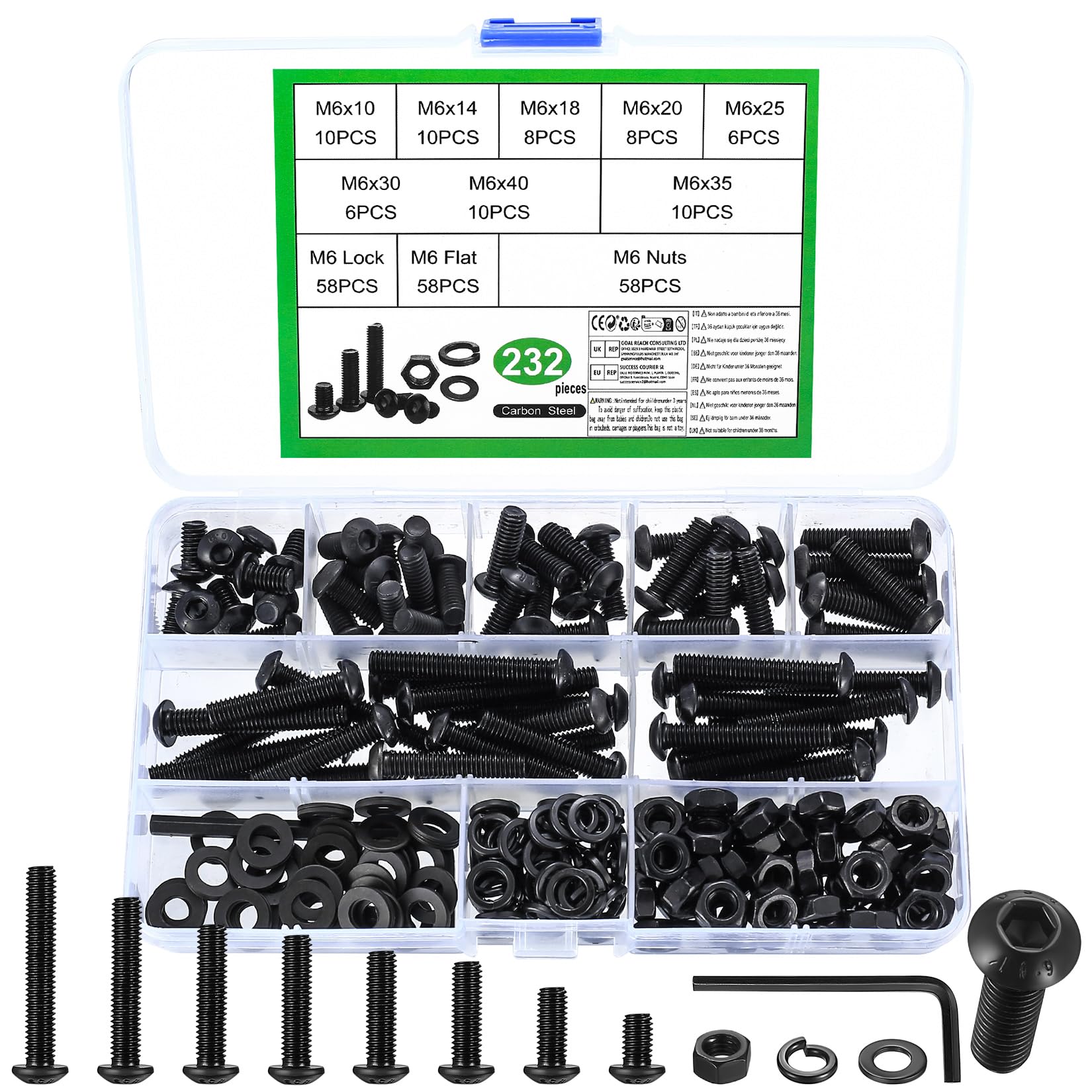 JinZeYou 232 Pcs M6 Bolts and Nuts Set, Black Carbon Steel, Hex Socket Button Head Cap Screws, Nuts, Washers, Assorted Sizes, Ideal for Home, Office, Factory, DIY