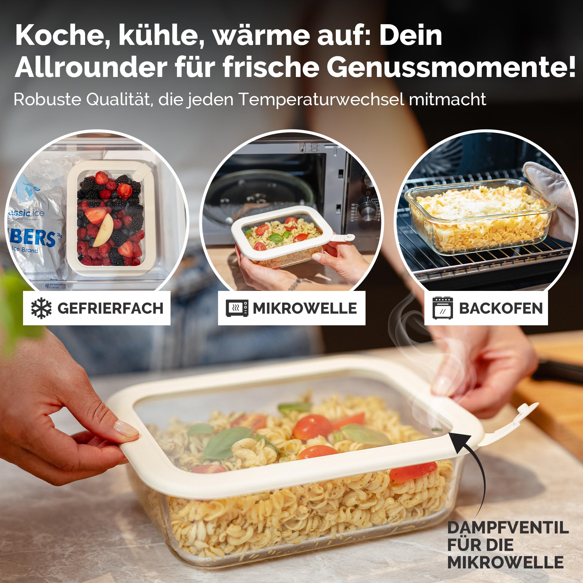 Dalena Home Frischhaltedosen Set 1x370ml, 1x640ml, 1x1020ml, 1x1520ml – Borosilikatglas, Glasbehälter luftdicht & mikrowellengeeignet, Meal Prep, Kühlschrank Organizer, Aufbewahrung Küche 3