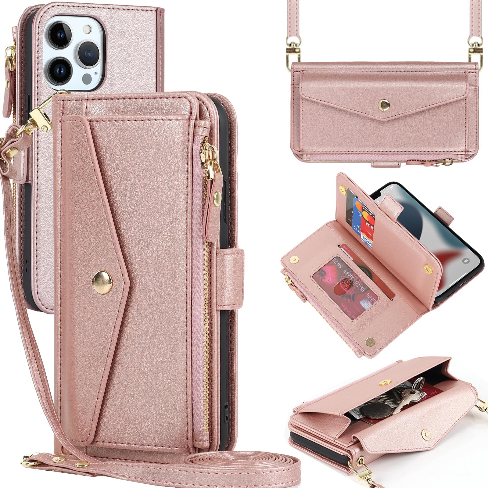 Zouzt for iPhone 13 Pro Wallet Case for Women, Purse with Credit Card Holder Slots Crossbody Lanyard Strap Zipper Flip Book Shockproof Protective Phone Cover for Apple 13 Pro 6.1 Inch (Pink) โ image 1