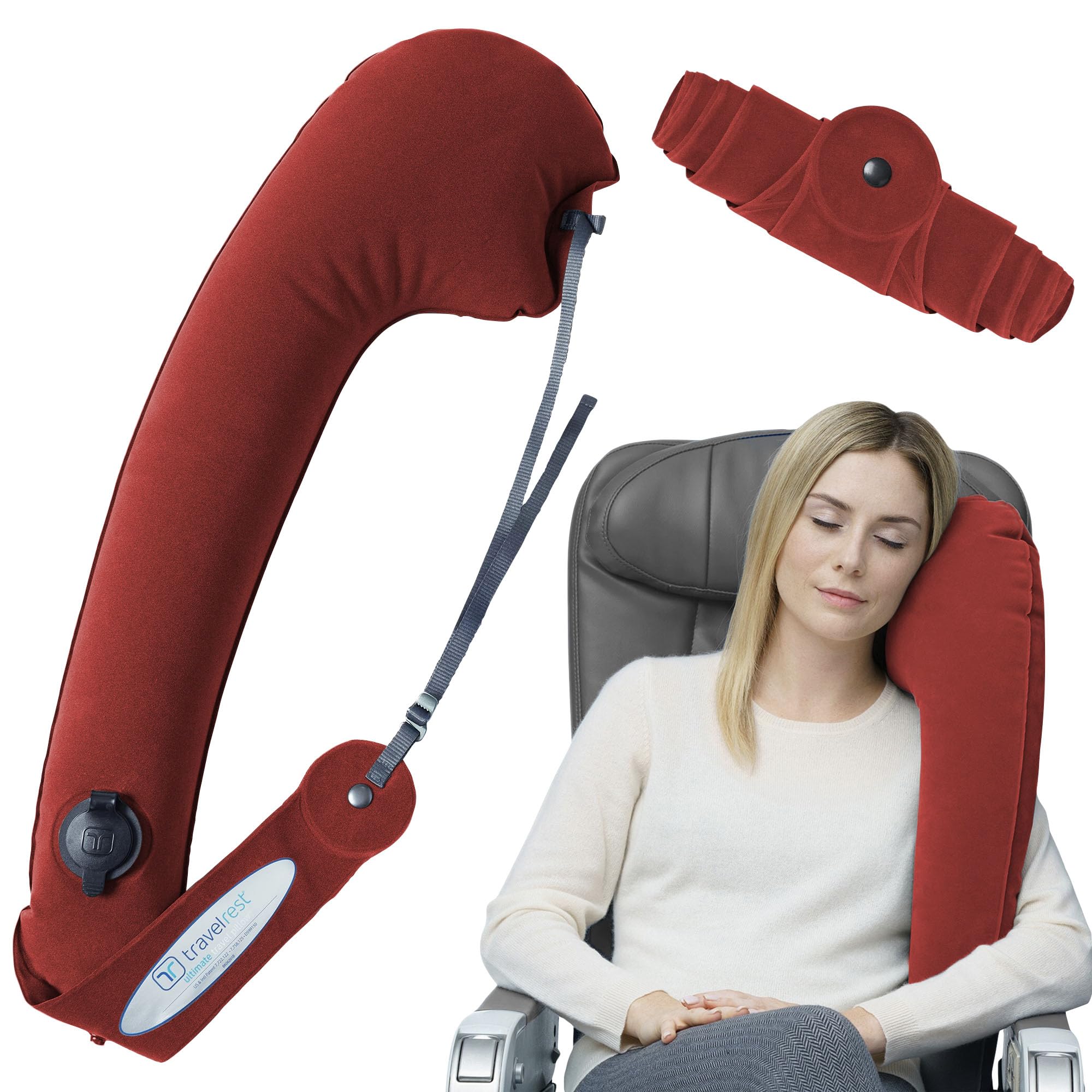 Travelrest Ultimate Travel, Neck & Body Pillow - Strap to Plane & Car Seat - Compact, Comfort and Convenient for Office Napping, Airplane, Bus & Train - Upright Sleeping - Rolls Up Small - Red