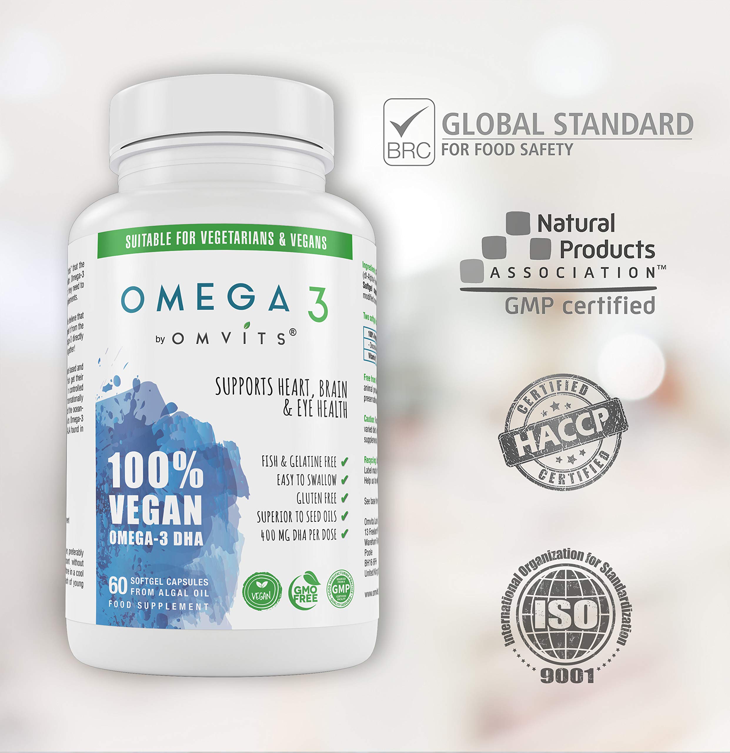 Omvits Vegan Omega 3 DHA Supplement from Algae Oil 60 Capsules with