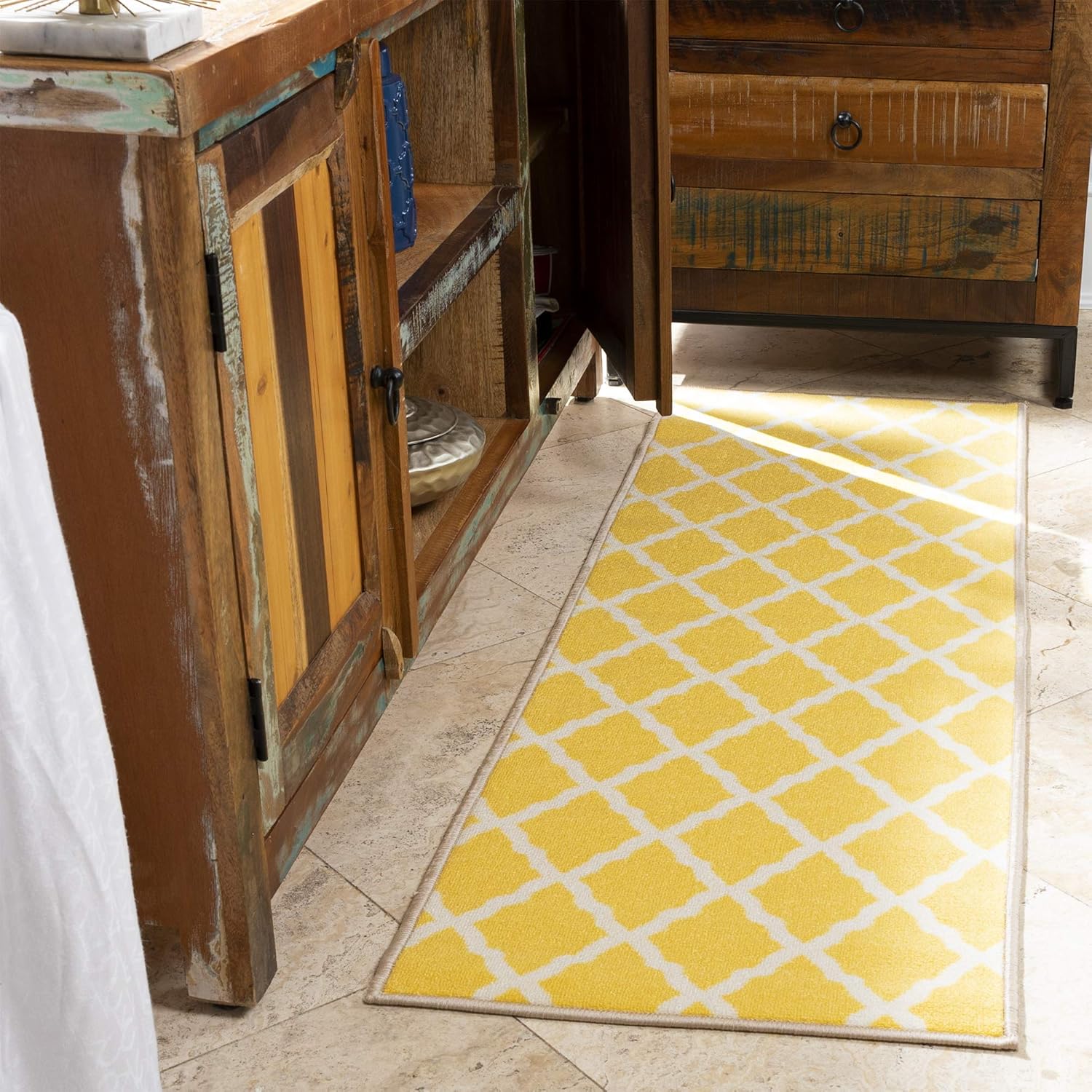 Ottomanson Glamour Collection Contemporary Moroccan Trellis Design Lattice Runner Rug (Non-Slip) Kitchen and Bathroom Mat Rug, 26" X 6'0", Yellow