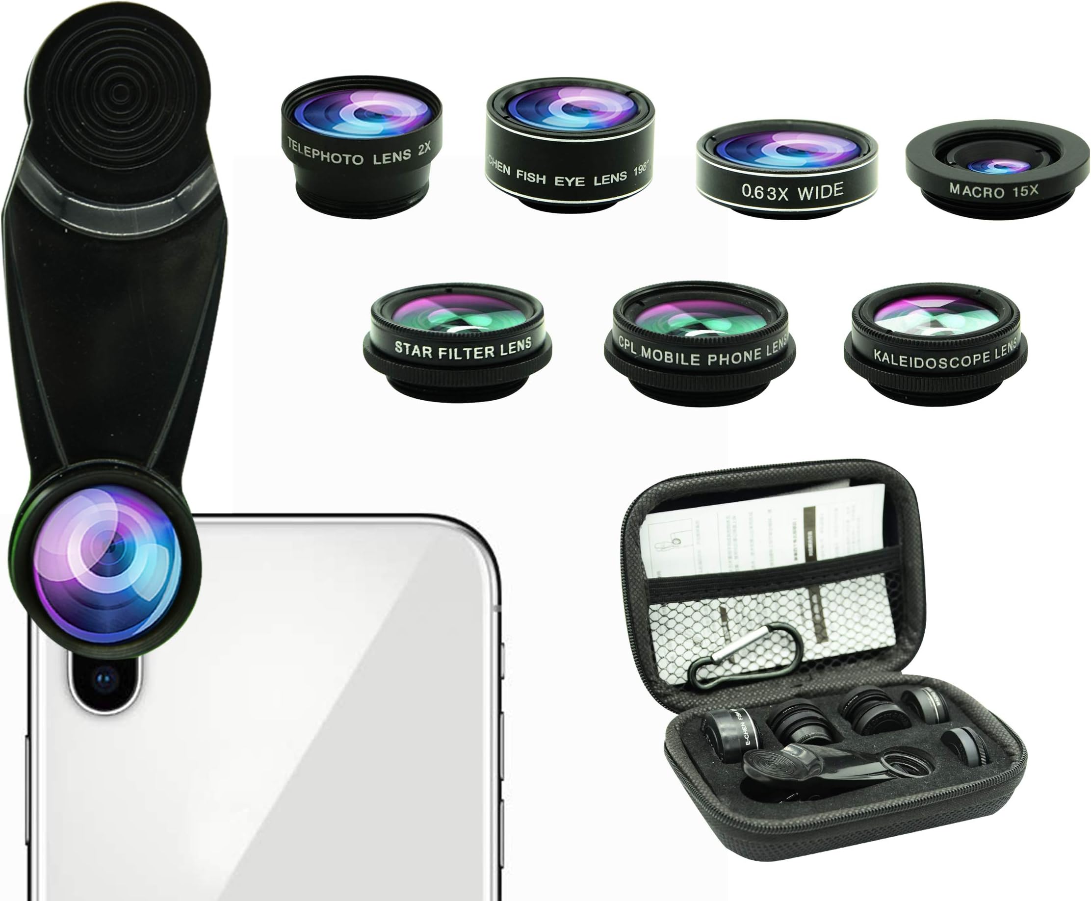 Bostionye 8 in 1 Phone Camera Lens Kit, 0.63Wide Angle lens+15X Macro+198°Fisheye+2X Telephoto+Kaleidoscope+CPL/Starlight/Universal Clip, Zoom Compatible With IPhone Samsung Galaxy Huawei Smartphones