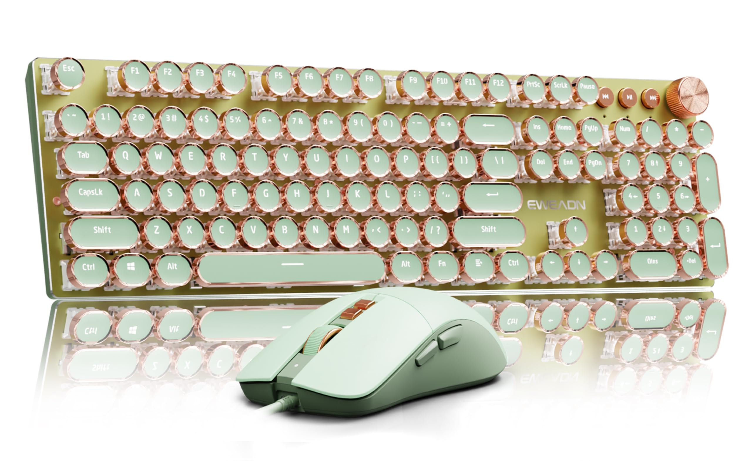 Photo 1 of EWEADN Wired Typewriterkeyboard and Mouse Combo, Typewriter Style Mechanical Gaming Keyboard,104 Keys Backlit LED Keyboards, Media Control Knob, Wired Keyboard Pink Switch for Windows/Mac/PC-Green