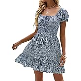 Heysolo Womens Boho Floral Smocked Square Neck Short Sleeve Ruffle Beach Summer Mini Dress