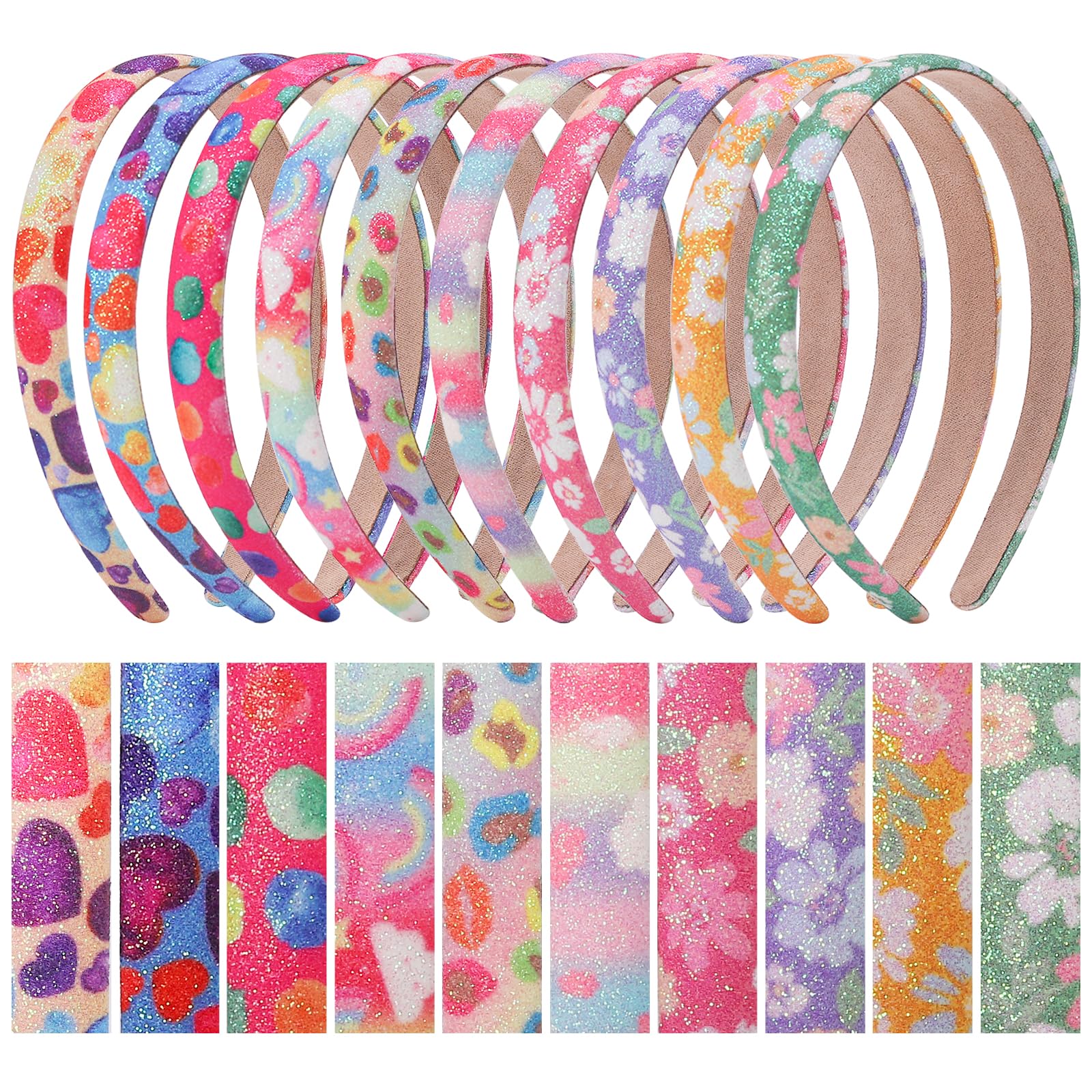 Glitter Headband for Girls,Nenjindz 10Pack Sequin Hair Band Sparkle Rainbow Alice Bands Heart Flower Covered Sequins Headbands,Sparkle Head Band for Women Girls Kids Children Toddlers Bling Headband