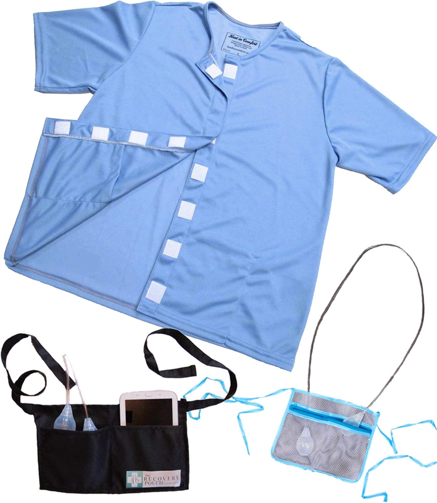 TRS Mastectomy Shirt with Drain Pockets + Mastectomy Drainage Pouch Holders - Medium Blue
