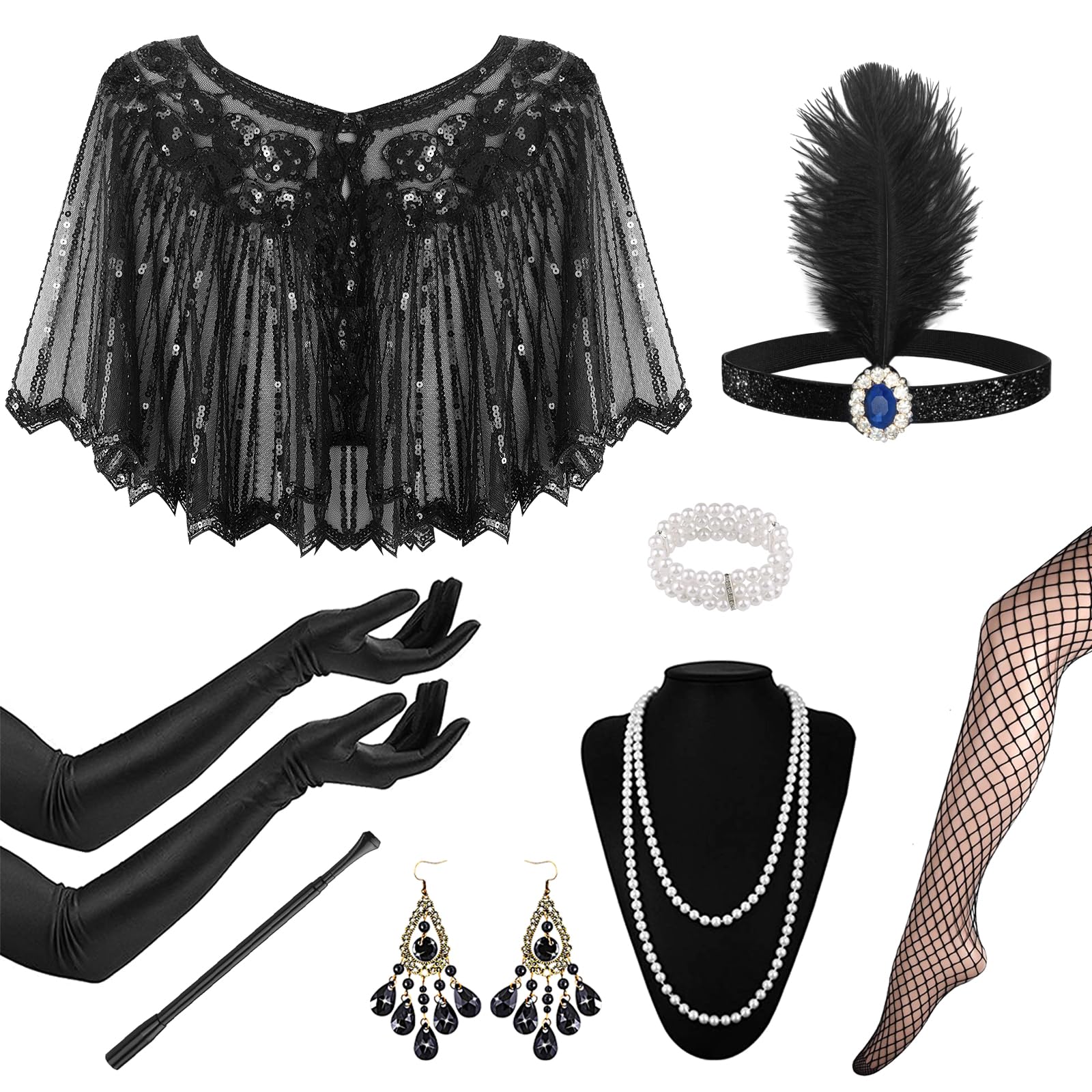 1920s Flapper Great Gatsby Accessories Set,Roaring 20's Theme Set with Shawl Headband Long Gloves Necklace Earrings Handheld Prop,1920s Flapper Costume Vintage Accessories for Women Ladies (Style 2)